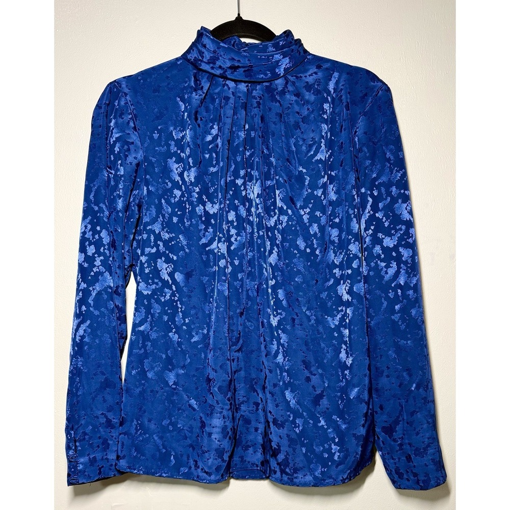 Vintage Alexandria Silky Mock Neck Blouse Women's Size 10 Blue Leopard USA Made